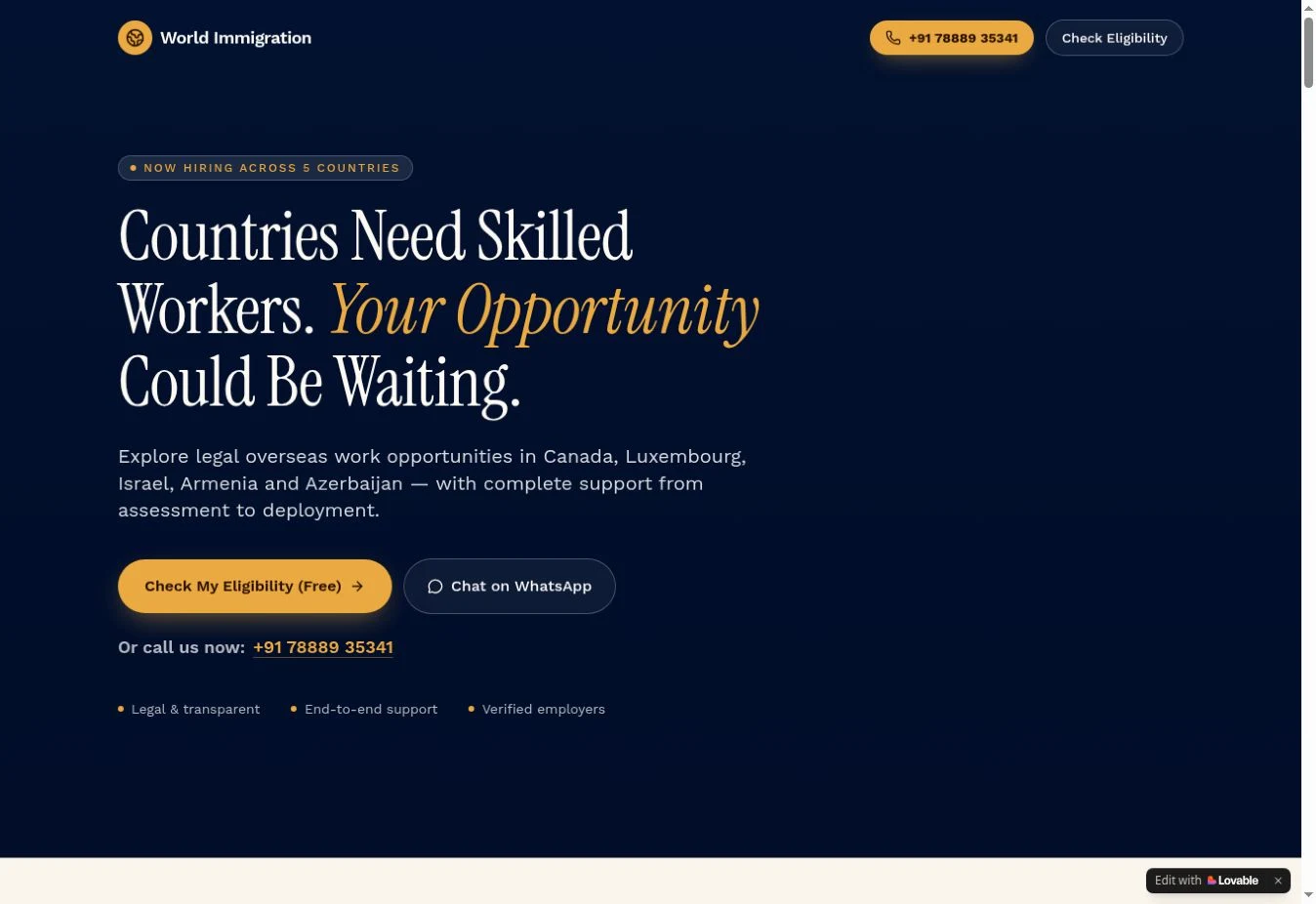 Actual homepage capture of World Immigration